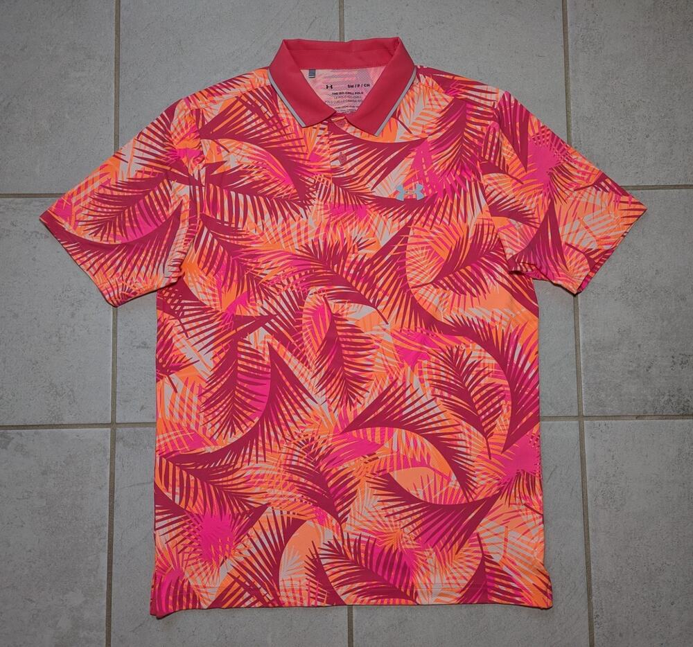 Under Armour Men's Small Pink Coral The Iso Chill Polo Palm Hawaiian Shirt